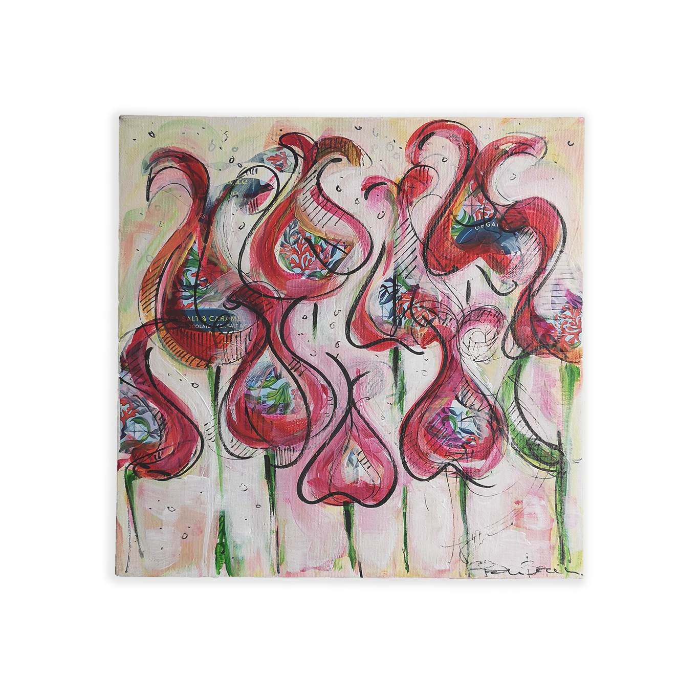 Frodige blomster - maleri / kollage / tusj (30 x 30 cm)
