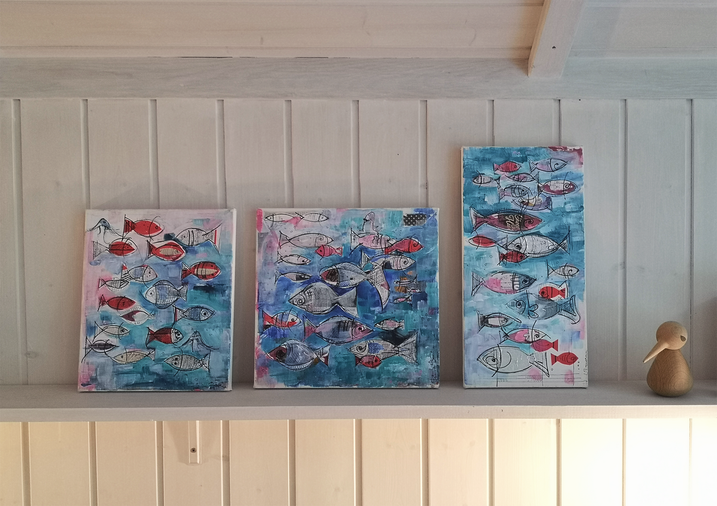 Fisk 3 - maleri / kollasje / penn (30 x 30 cm)