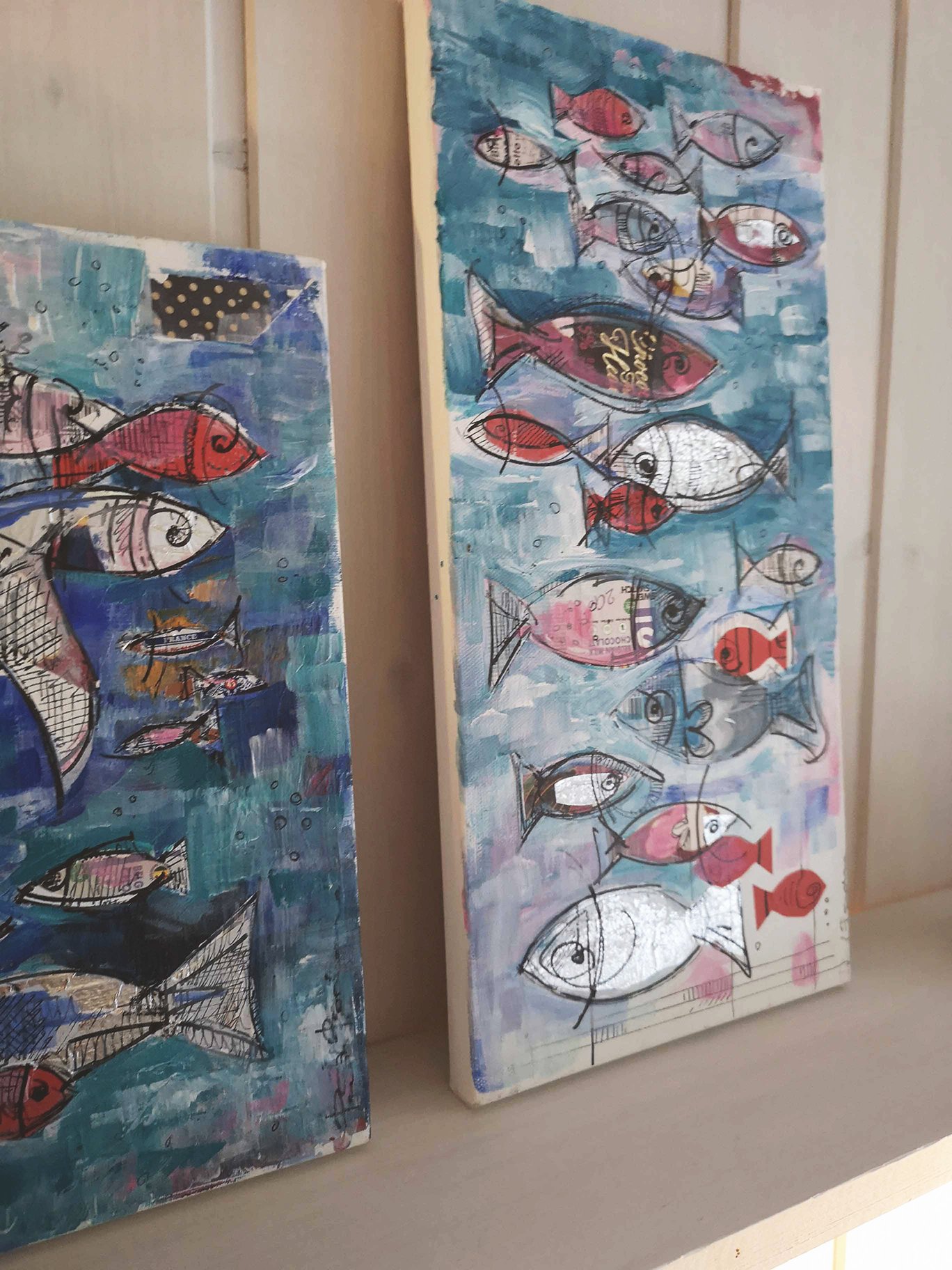 Fisk 2 - maleri / kollasje / penn (20 x 40 cm)