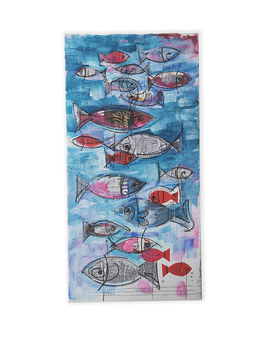 Fisk 2 - maleri / kollasje / penn (20 x 40 cm)