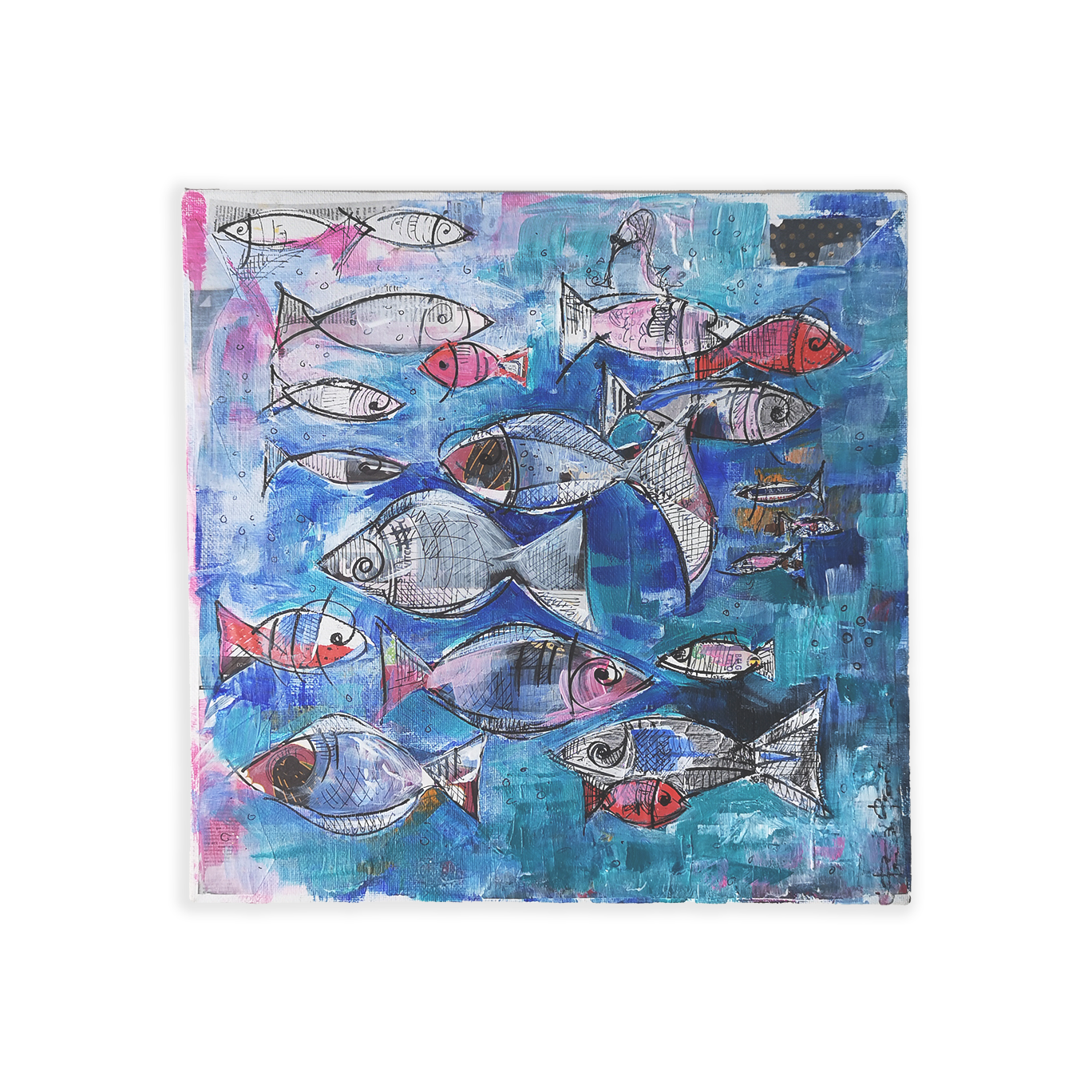 Fisk 3 - maleri / kollasje / penn (30 x 30 cm)