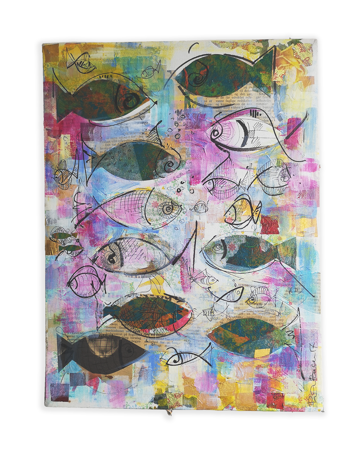 Fisk - maleri / kollasje / penn (30 x 40 cm)