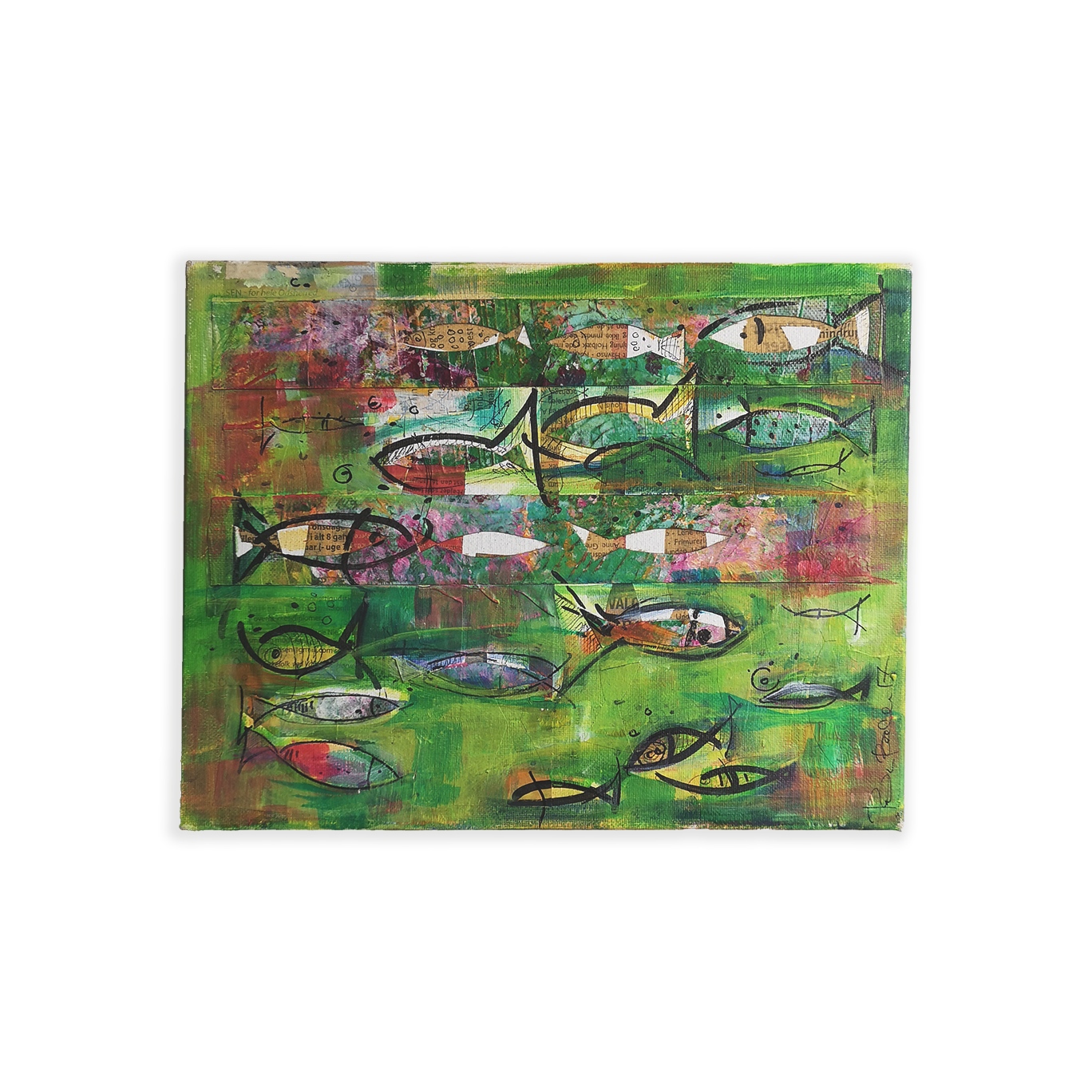 Fisk grønne - maleri / kollasje / tusj (20 x 30 cm)