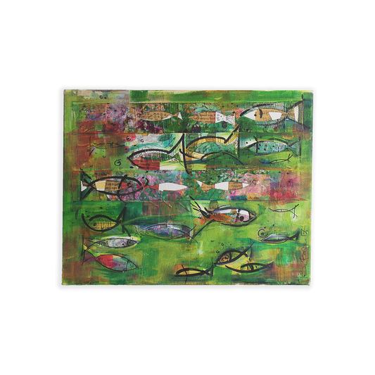 Fisk grønne - maleri / kollasje / tusj (20 x 30 cm)